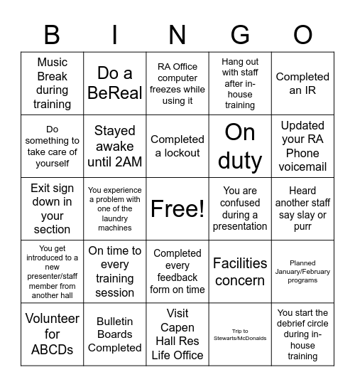 Spring 2023 Training Bingo Card