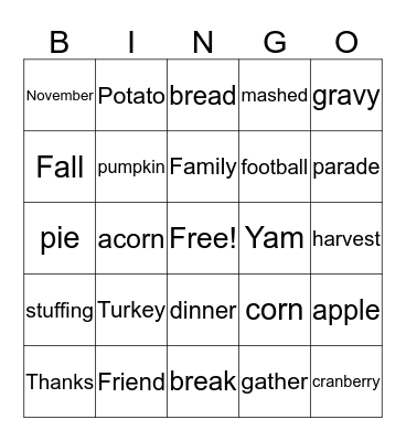 Thanksgiving Bingo Card