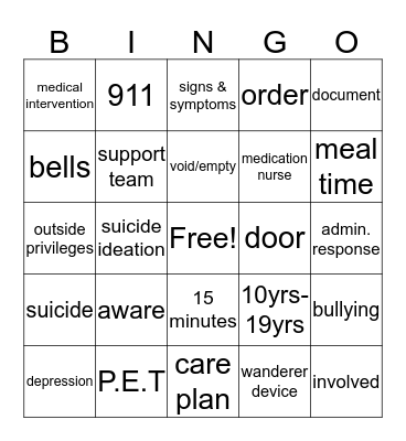 Suicide Management Bingo Card