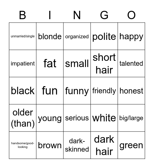 U3 Los adjetivos Bingo Card