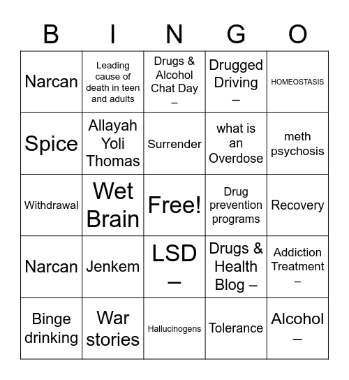 Drug and Alcohol Fact Week Bingo Card