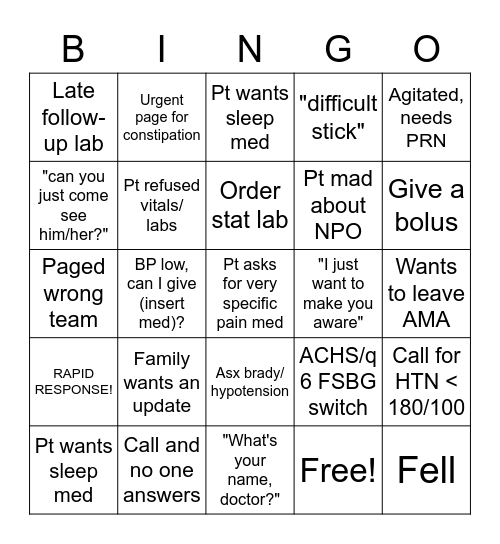 Night Float Bingo Card