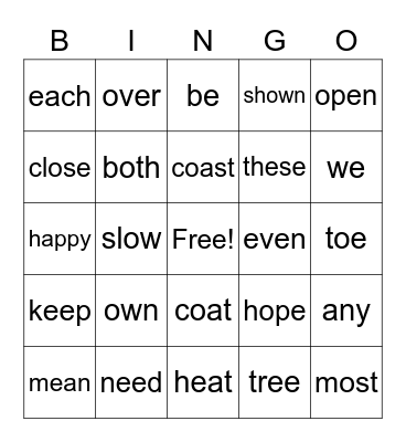 Long e and o Review Bingo Card