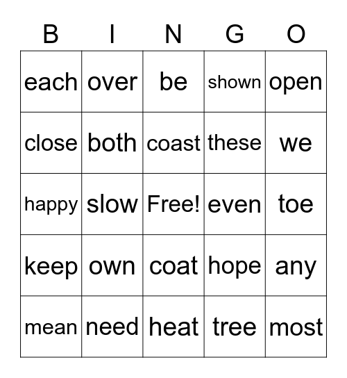 Long e and o Review Bingo Card