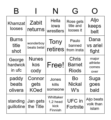 UFC Bingo Card