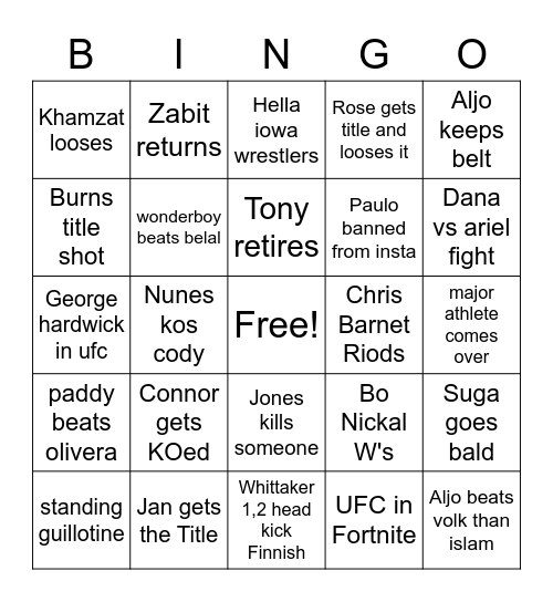 UFC Bingo Card