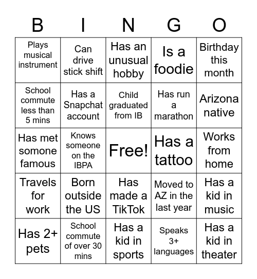 IB Ice Breaker Bingo Card