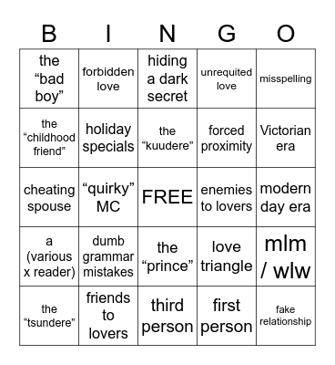 common romance tropes Bingo Card
