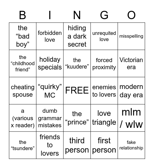 common romance tropes Bingo Card