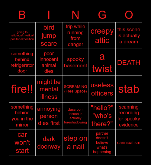 Horror Trope Bingo Card