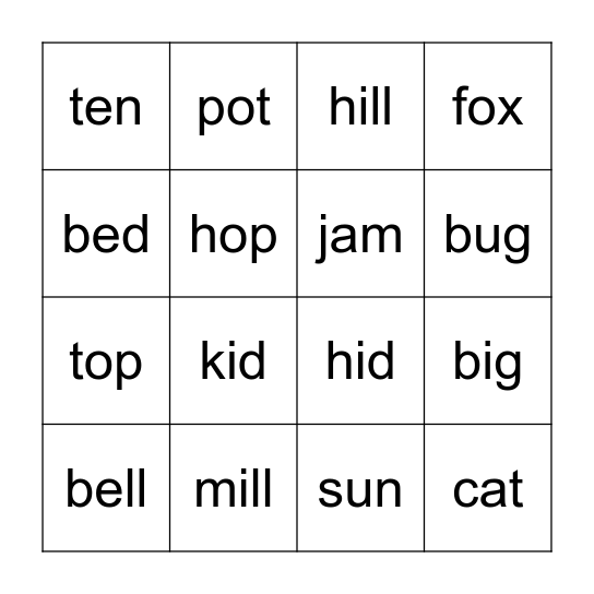 K2 Phonics Bingo Card