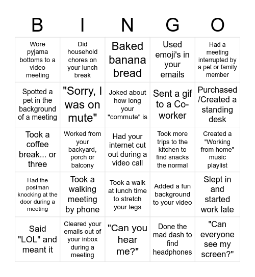 TT WORKING FROM HOME BINGO Card