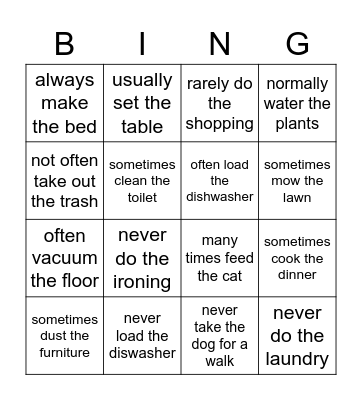 Chores Bingo Card