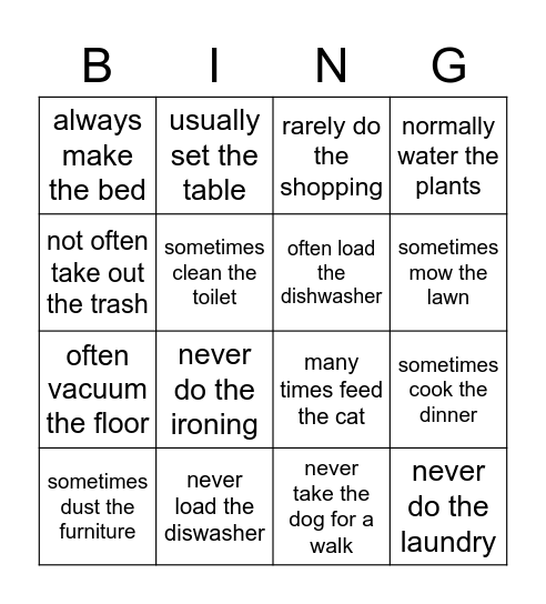 Chores Bingo Card