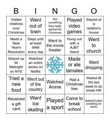 Human Bingo - Winter Break Edition Bingo Card