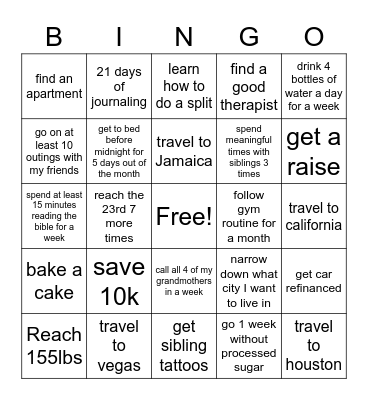 2023 Goals (first half) Bingo Card