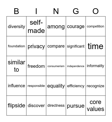 Core Values and The American Dream pages 149-153 Bingo Card
