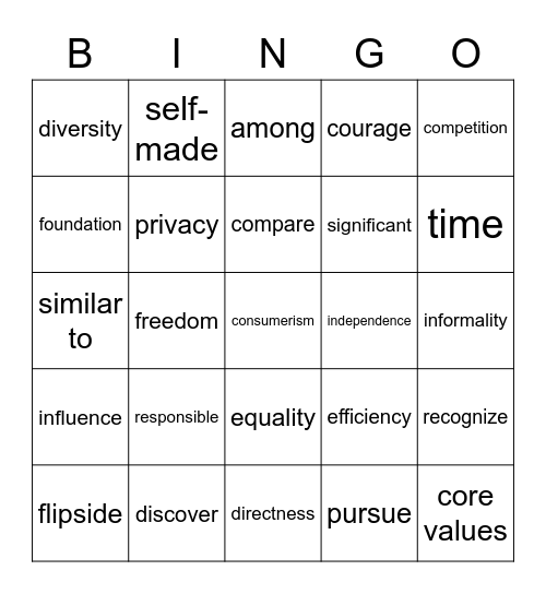 Core Values and The American Dream pages 149-153 Bingo Card