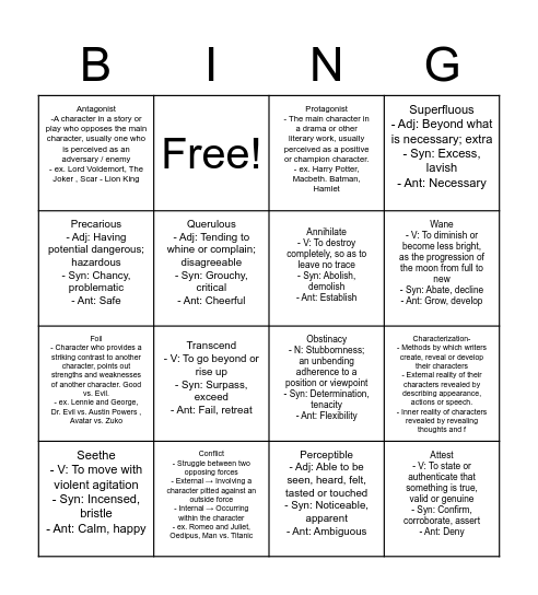 Vocab 12 Bingo Card