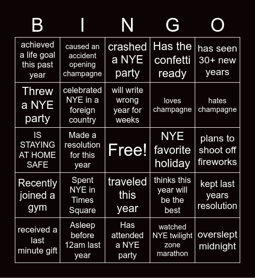 virtual new years bingo Card