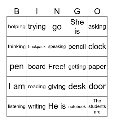 Verbs and Classroom Objects Bingo Card