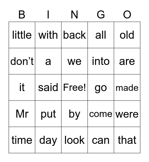 High Frequency Words (Year 1 A) Bingo Card