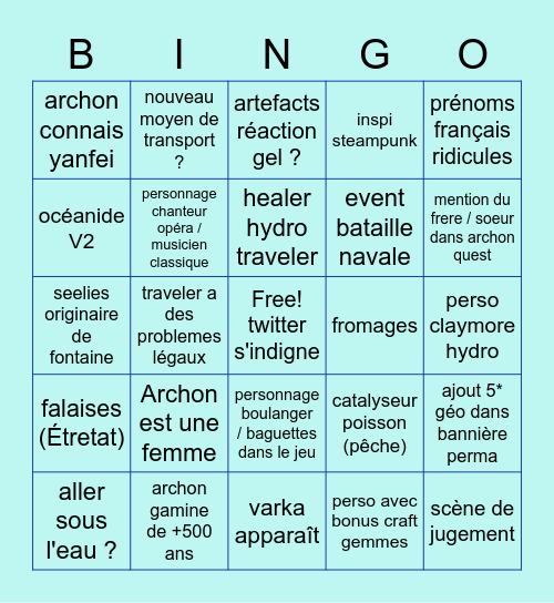 Fontaine Bingo Card