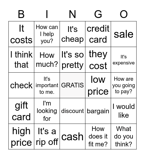 Shopping- opinions and paying Bingo Card