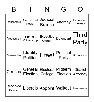 Civics Vocabulary Bingo! Bingo Card