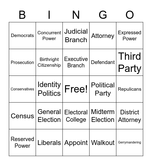 Civics Vocabulary Bingo! Bingo Card