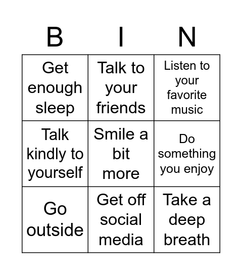 Mental Health Bingo Card