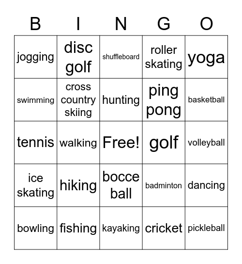 Lifetime Sports Bingo Card