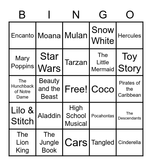 Disney Movies-- through song! Bingo Card