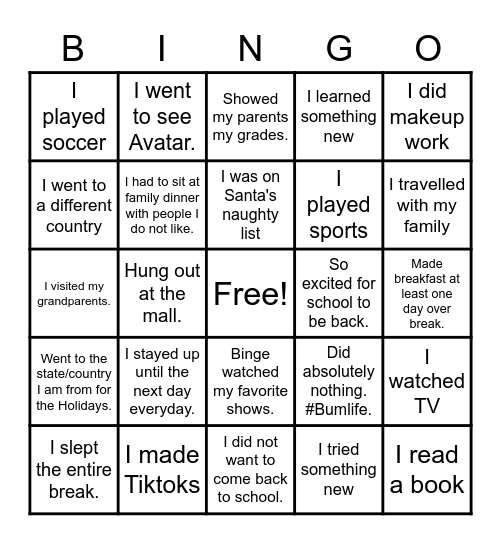 Vacation Bingo Card