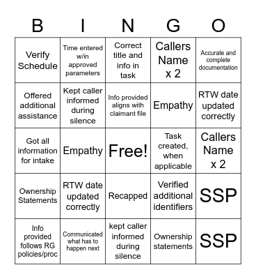 Call Bingo Card