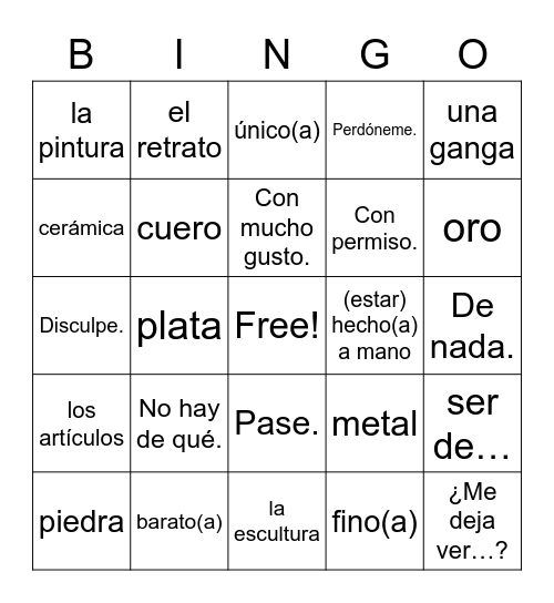 Avancemos 2 Unit 3.2 Vocabulary Bingo Card