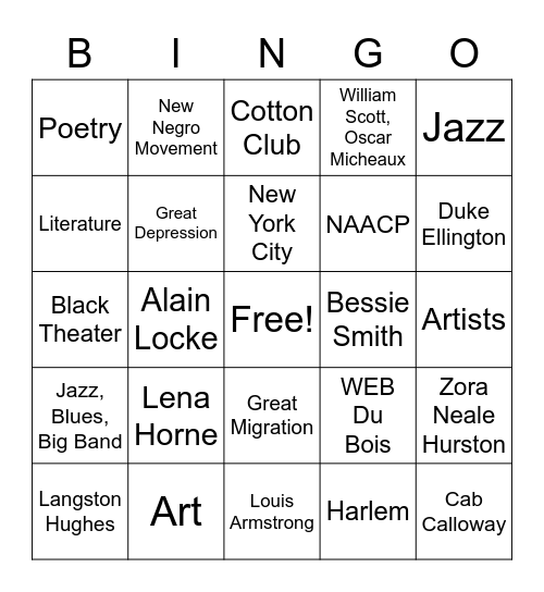 Harlem Renaissance Bingo Card