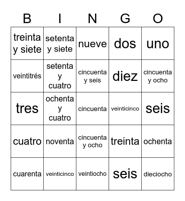 Números en Español Bingo Card