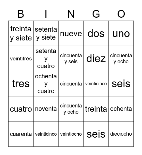 Números en Español Bingo Card