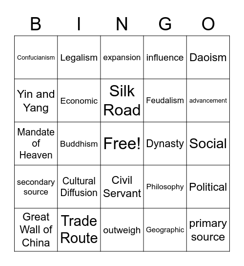 Unit 5: Ancient China Vocab Bingo Card