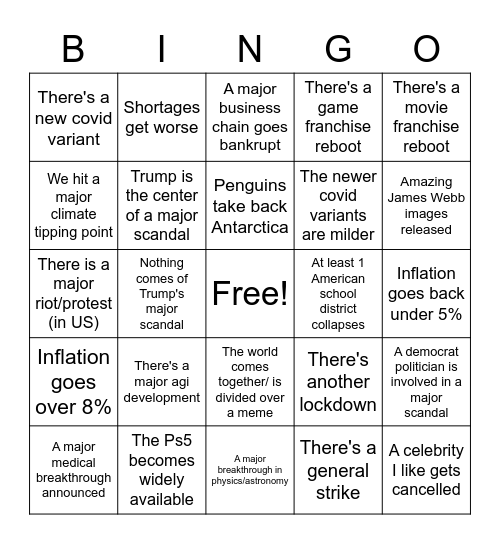 2022 World Events Bingo Card