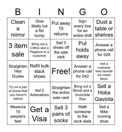 Shoe Crew Bingo Card