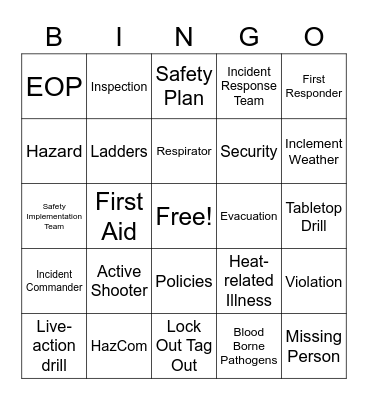 Safety Bingo Card