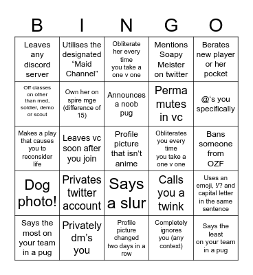 Maid’s bingo card Bingo Card