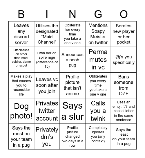 Maid’s bingo card Bingo Card
