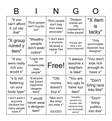 Pretentious Luxury Tiktok BINGO Card