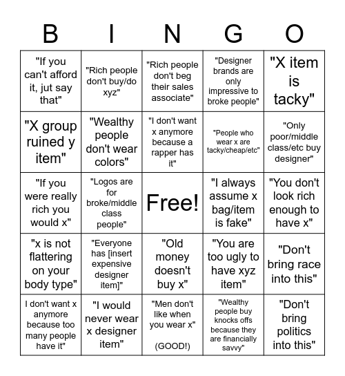 Pretentious Luxury Tiktok BINGO Card