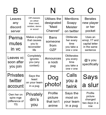 Maid’s bingo card Bingo Card