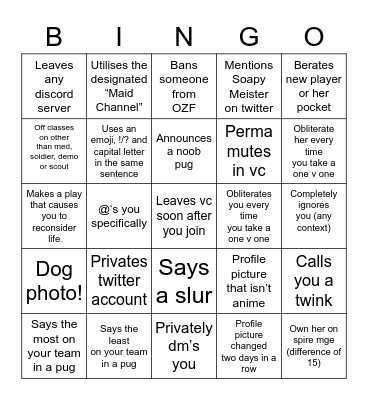 Maid’s bingo card Bingo Card