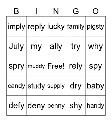 Y as a vowel Bingo Card